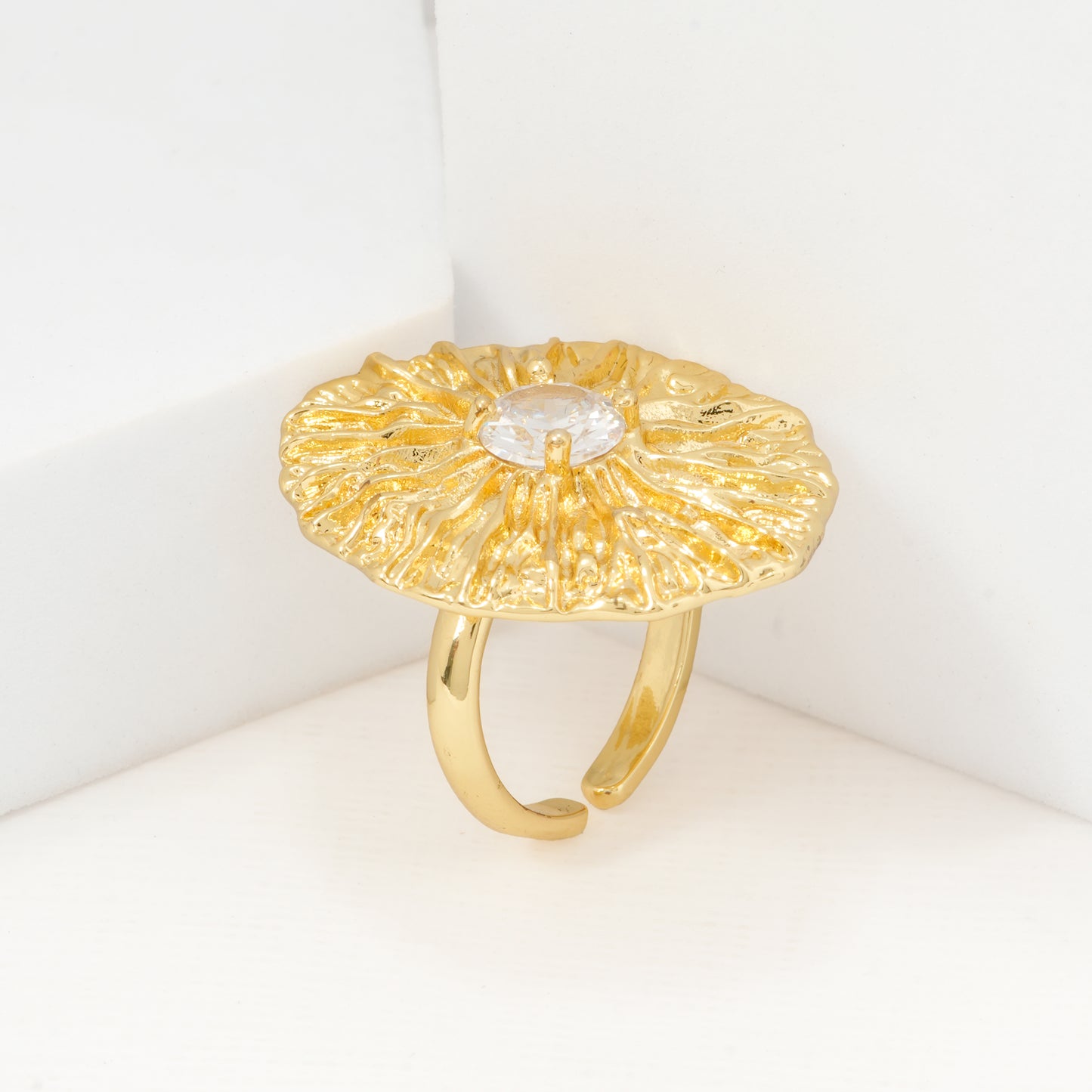 Elegant Gold Plated Necklace Earring and Ring Set | Textured Design with Sparkling Clear Stone | Women’s Wedding and Party Jewelry