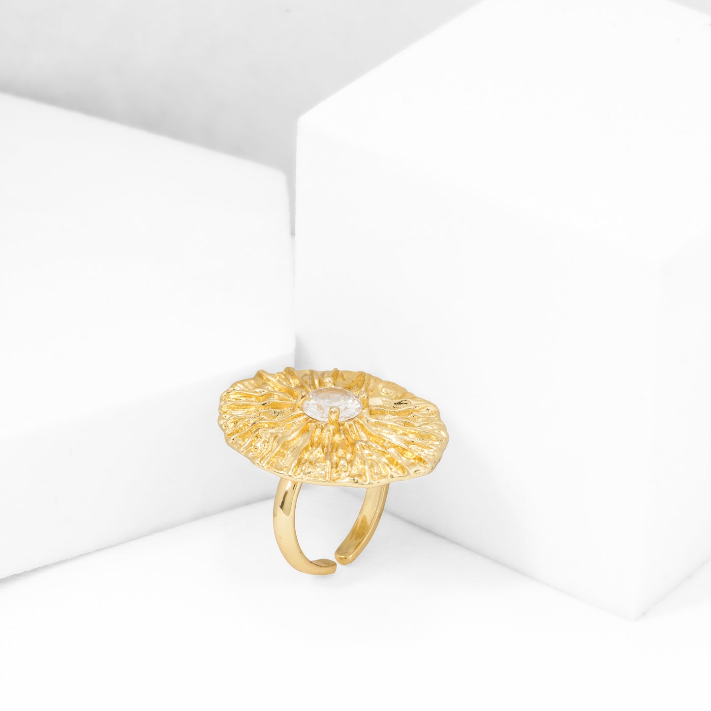 Elegant Gold Plated Necklace Earring and Ring Set | Textured Design with Sparkling Clear Stone | Women’s Wedding and Party Jewelry