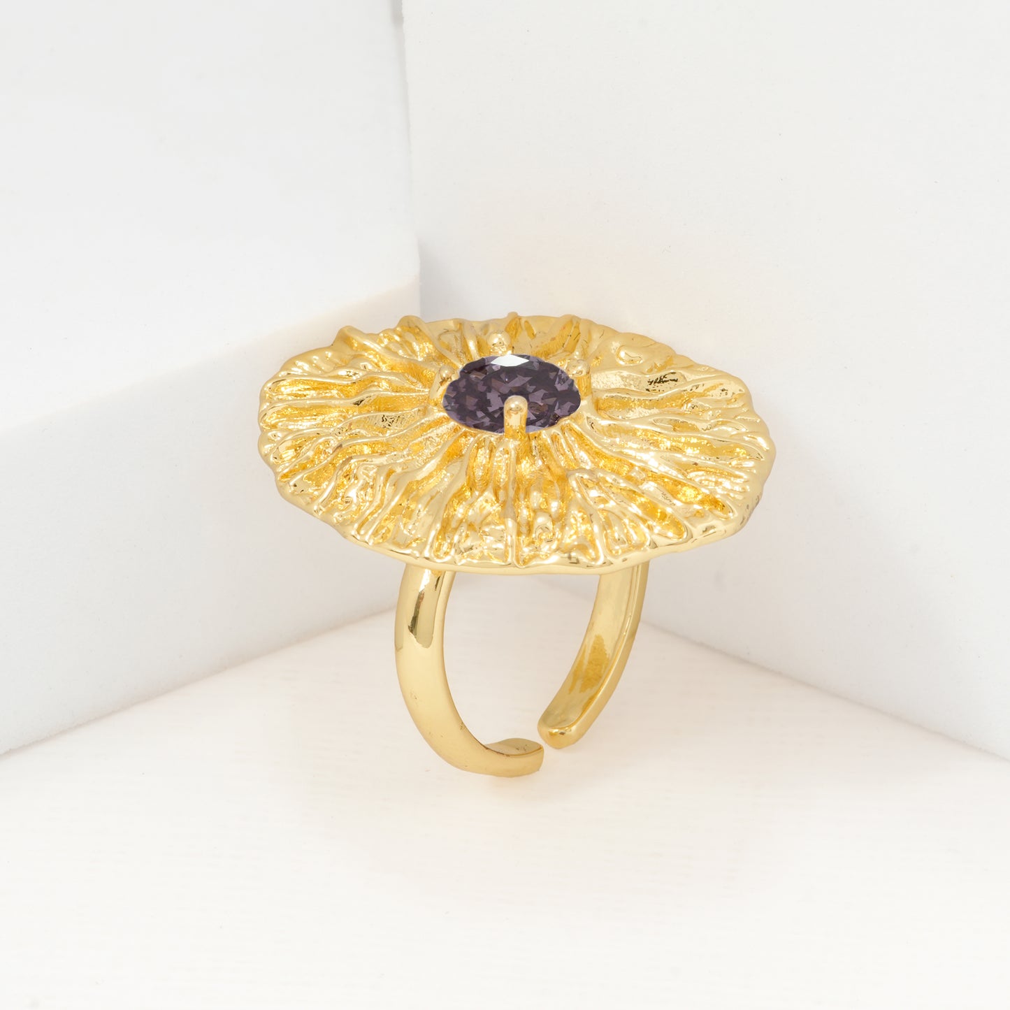 Gold Plated Textured Round Pendant Necklace with Purple Stone Center | Statement Jewelry for Women | Party and Festive Wear