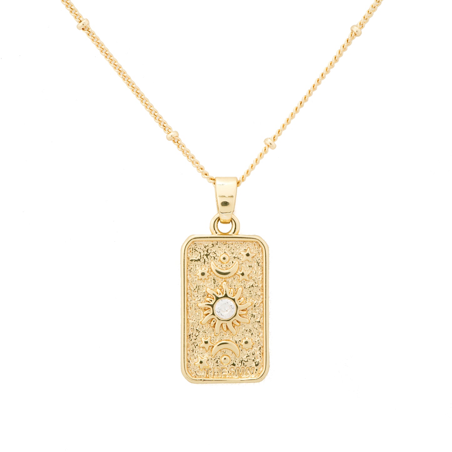 Gold Plated Rectangular Sun and Moon Pendant Necklace for Women | Dainty Celestial Jewelry with White Stone | Everyday & Party Wear