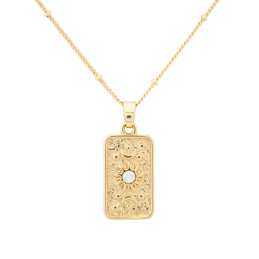 Gold Plated Rectangular Sun and Moon Pendant Necklace for Women | Dainty Celestial Jewelry with White Stone | Everyday & Party Wear