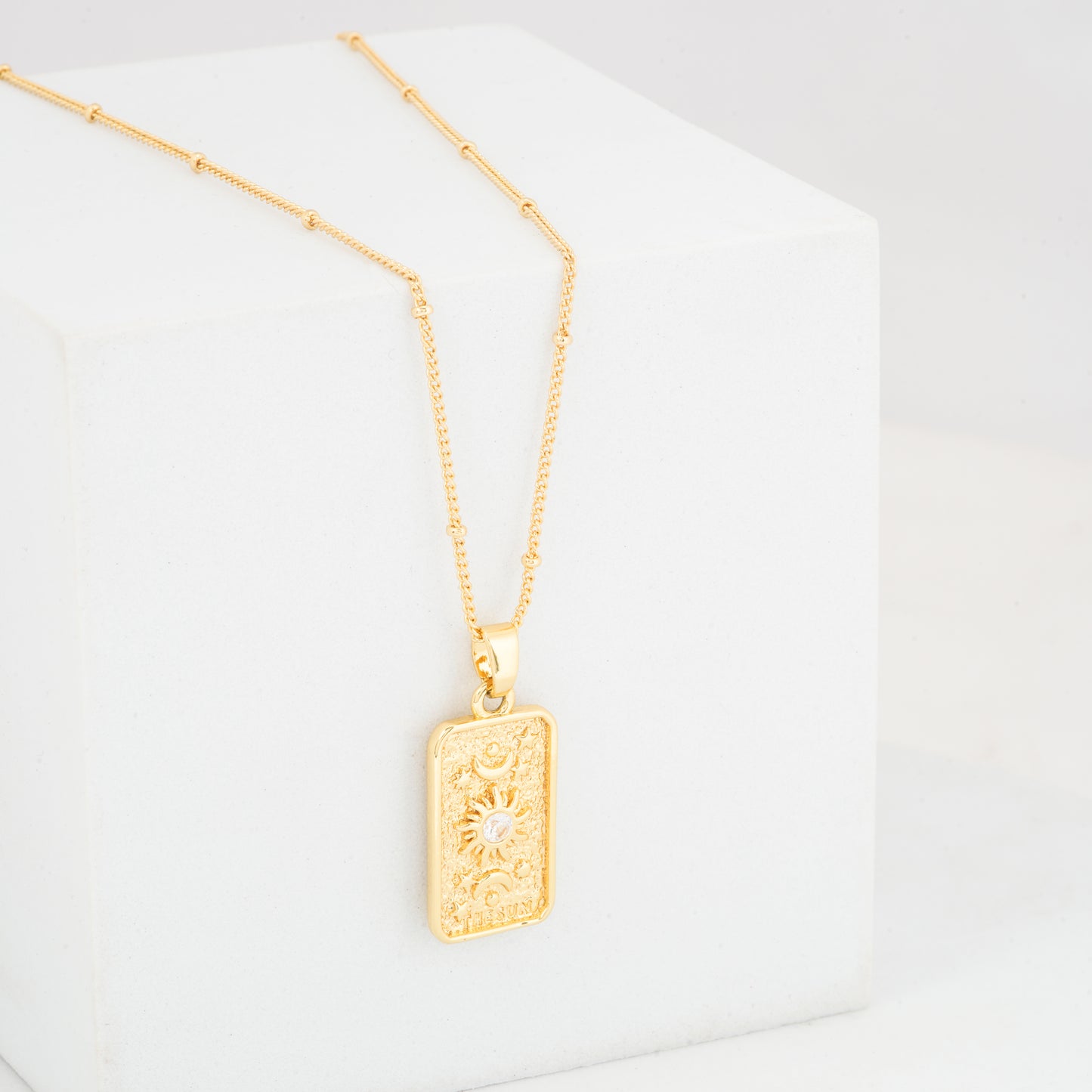 Gold Plated Rectangular Sun and Moon Pendant Necklace for Women | Dainty Celestial Jewelry with White Stone | Everyday & Party Wear