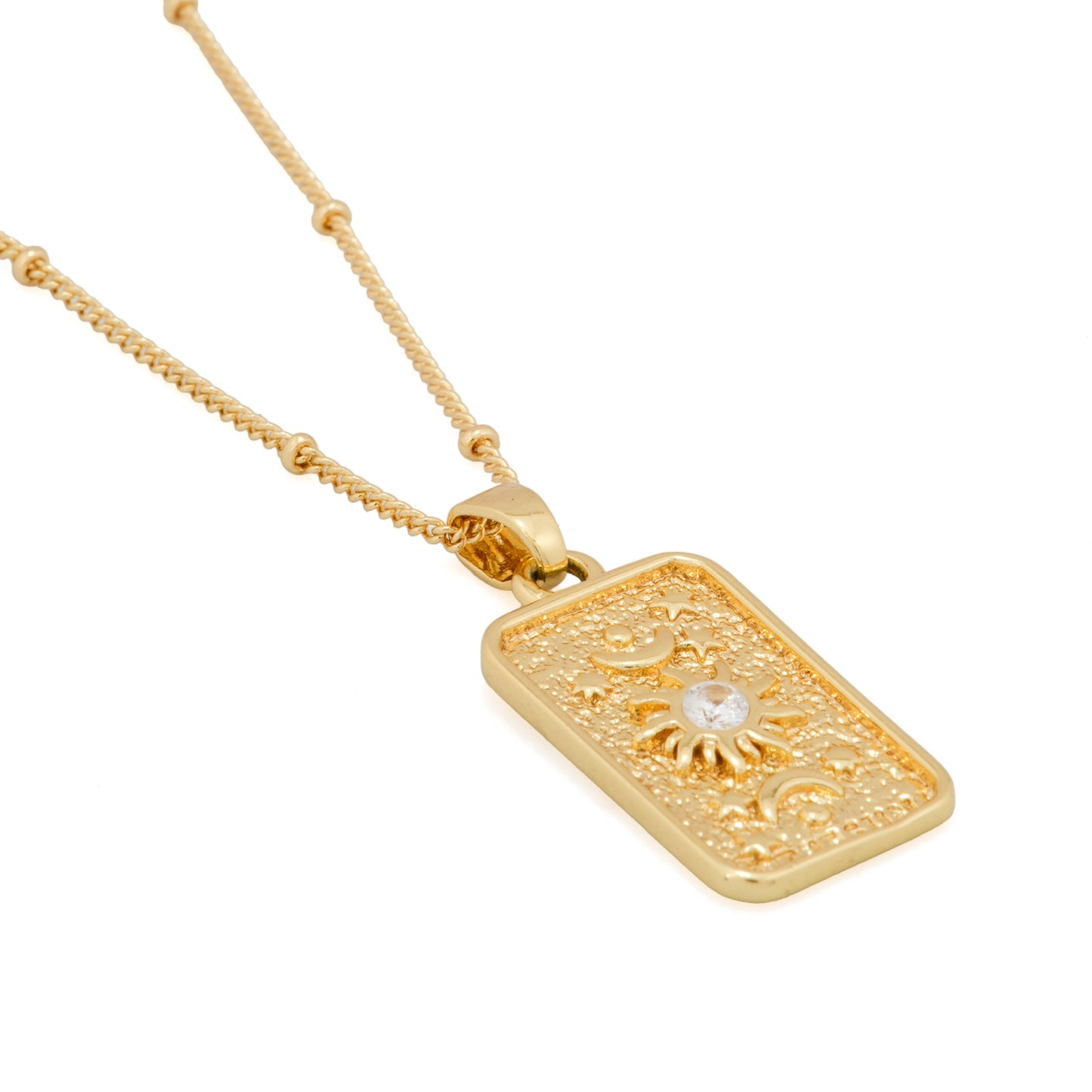 Gold Plated Rectangular Sun and Moon Pendant Necklace for Women | Dainty Celestial Jewelry with White Stone | Everyday & Party Wear