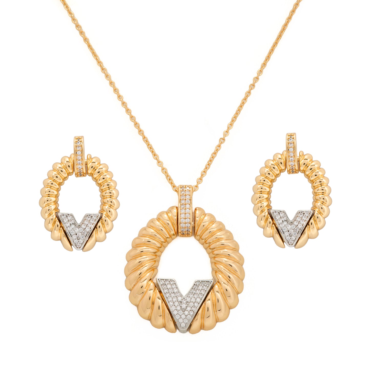 Gold Plated Designer Pendant Necklace and Earrings Set | Statement V Shape Jewelry Set for Women | Party Wear and Festive Collection