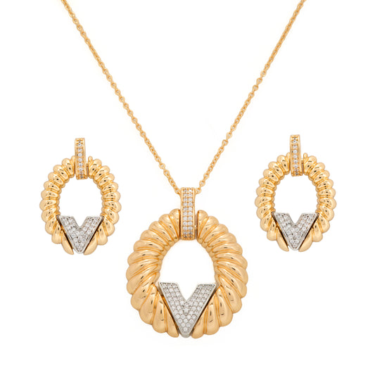 Gold Plated Designer Pendant Necklace and Earrings Set | Statement V Shape Jewelry Set for Women | Party Wear and Festive Collection