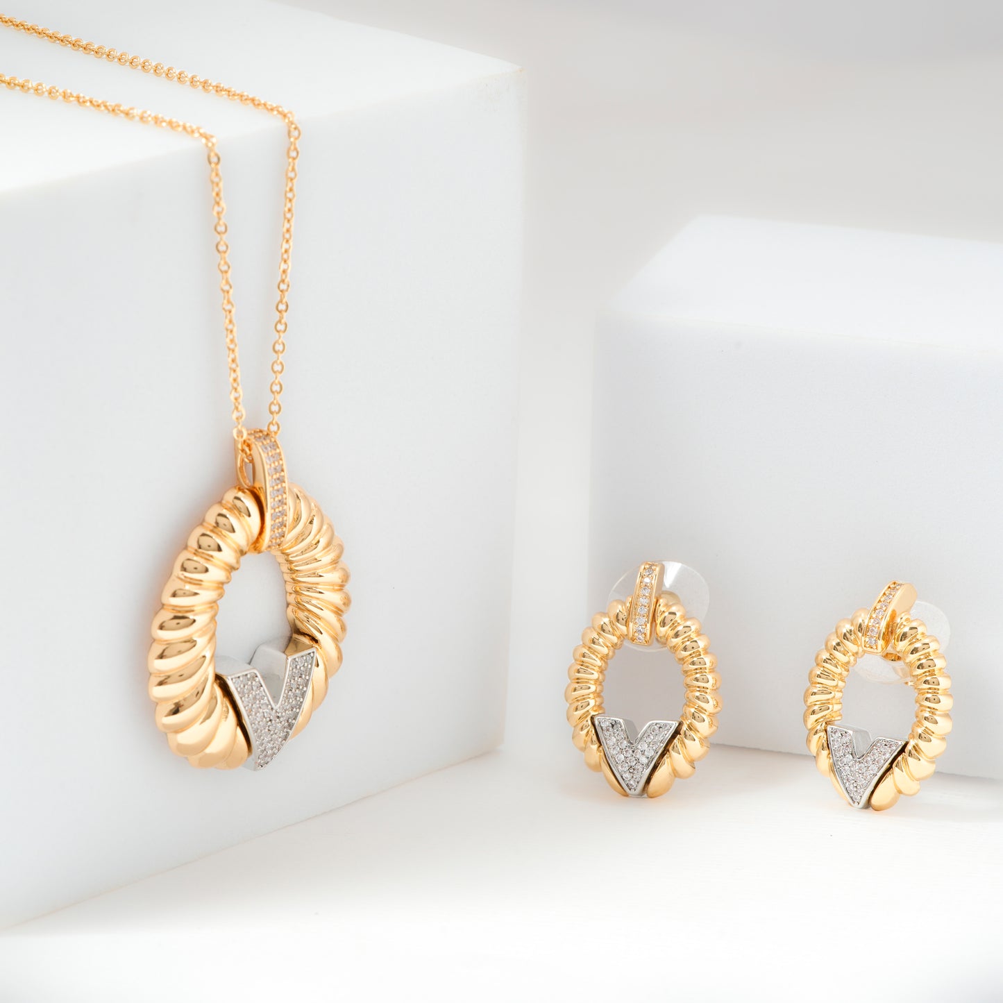 Gold Plated Designer Pendant Necklace and Earrings Set | Statement V Shape Jewelry Set for Women | Party Wear and Festive Collection