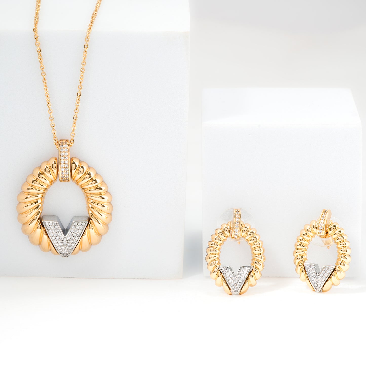 Gold Plated Designer Pendant Necklace and Earrings Set | Statement V Shape Jewelry Set for Women | Party Wear and Festive Collection