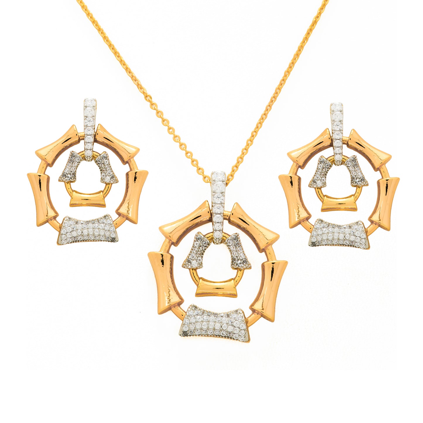 Gold Plated Bamboo-Inspired Pendant Necklace and Earrings Set | Stone-Studded Geometric Jewelry for Women