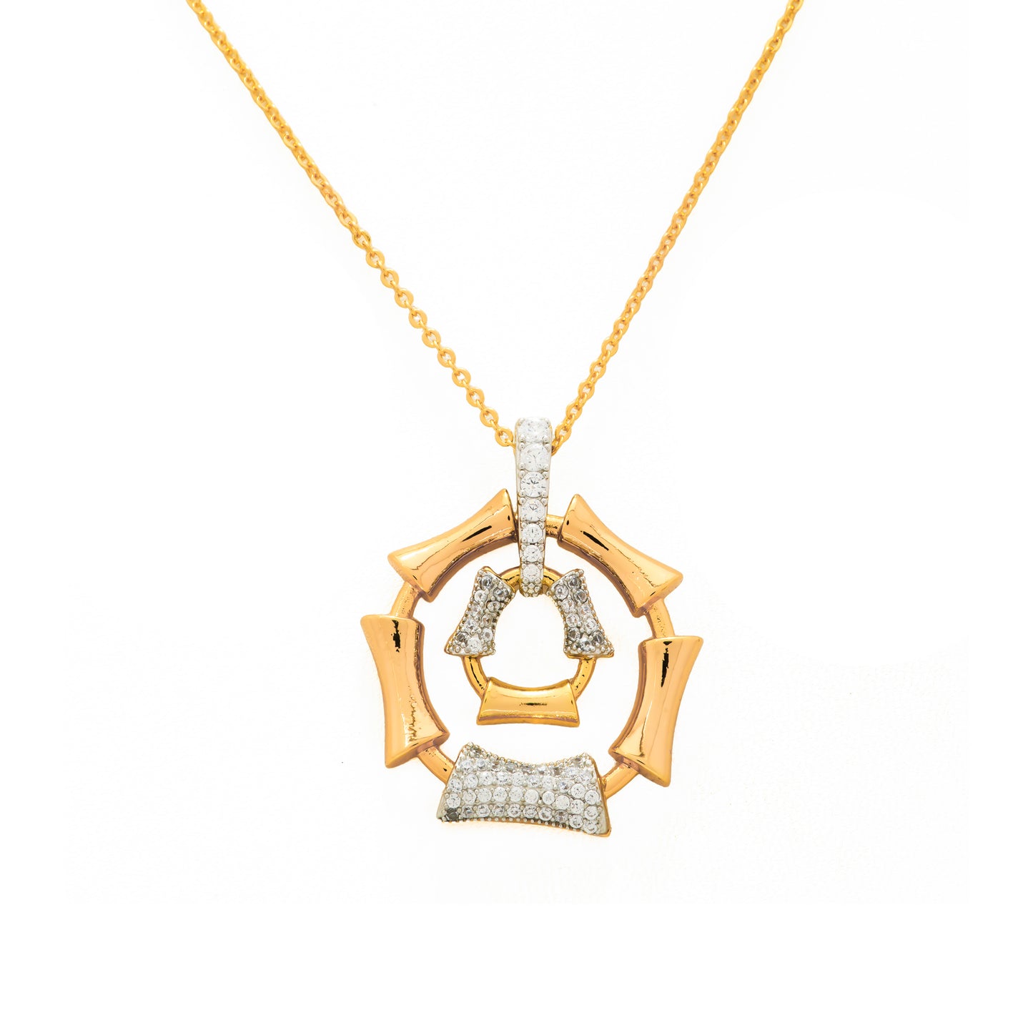 Gold Plated Bamboo-Inspired Pendant Necklace and Earrings Set | Stone-Studded Geometric Jewelry for Women