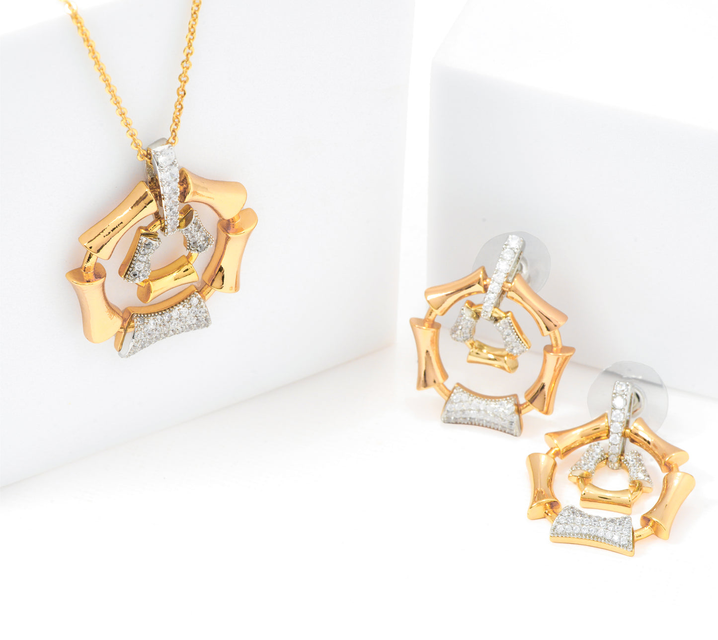 Gold Plated Bamboo-Inspired Pendant Necklace and Earrings Set | Stone-Studded Geometric Jewelry for Women