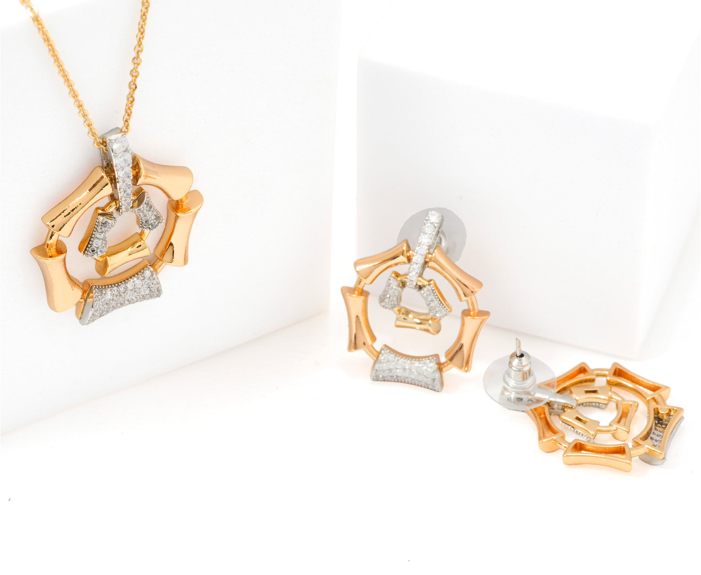 Gold Plated Bamboo-Inspired Pendant Necklace and Earrings Set | Stone-Studded Geometric Jewelry for Women