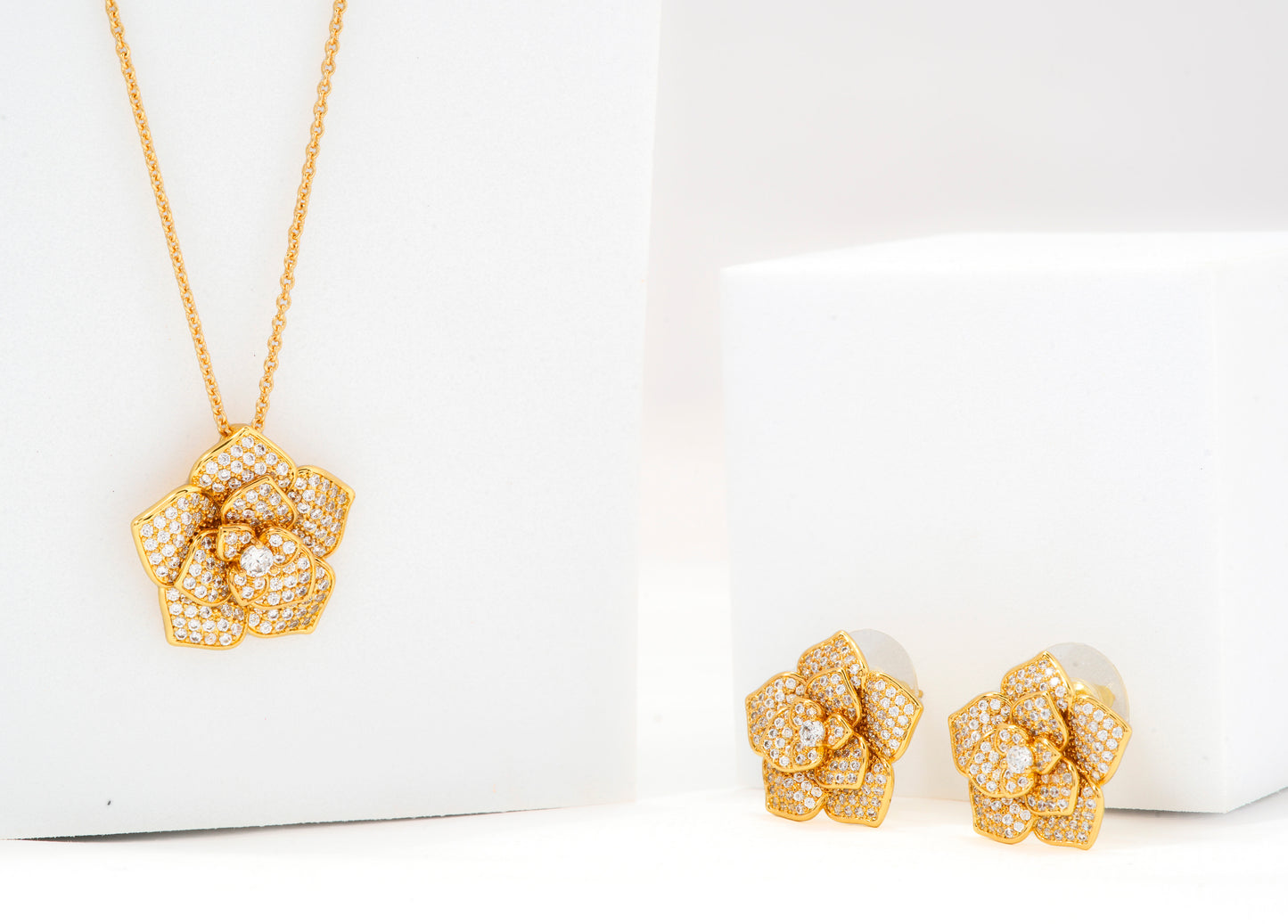Gold Plated Floral Pendant Necklace and Earrings Set | Stone-Studded Bloom Design Jewelry for Women