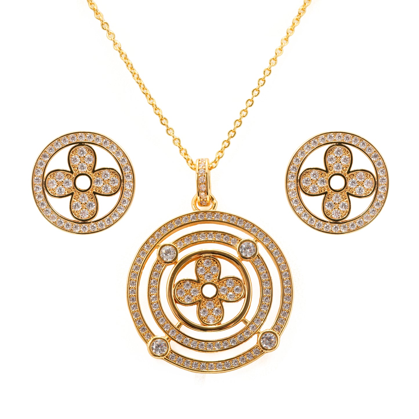 Circular Pendant Necklace and Earrings Set | Designer Stone Studded Floral Motif Jewelry for Women