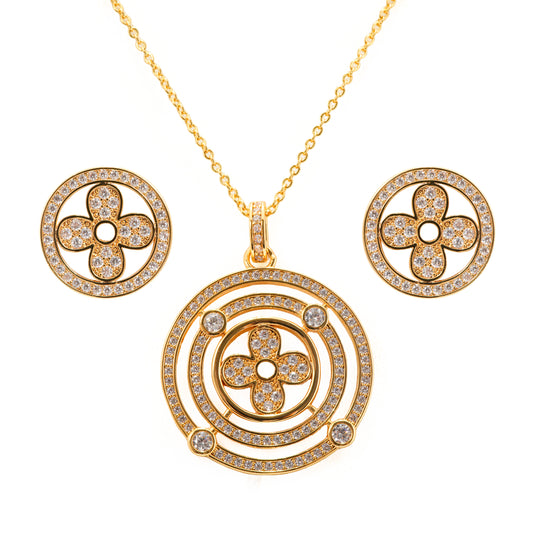 Circular Pendant Necklace and Earrings Set | Designer Stone Studded Floral Motif Jewelry for Women