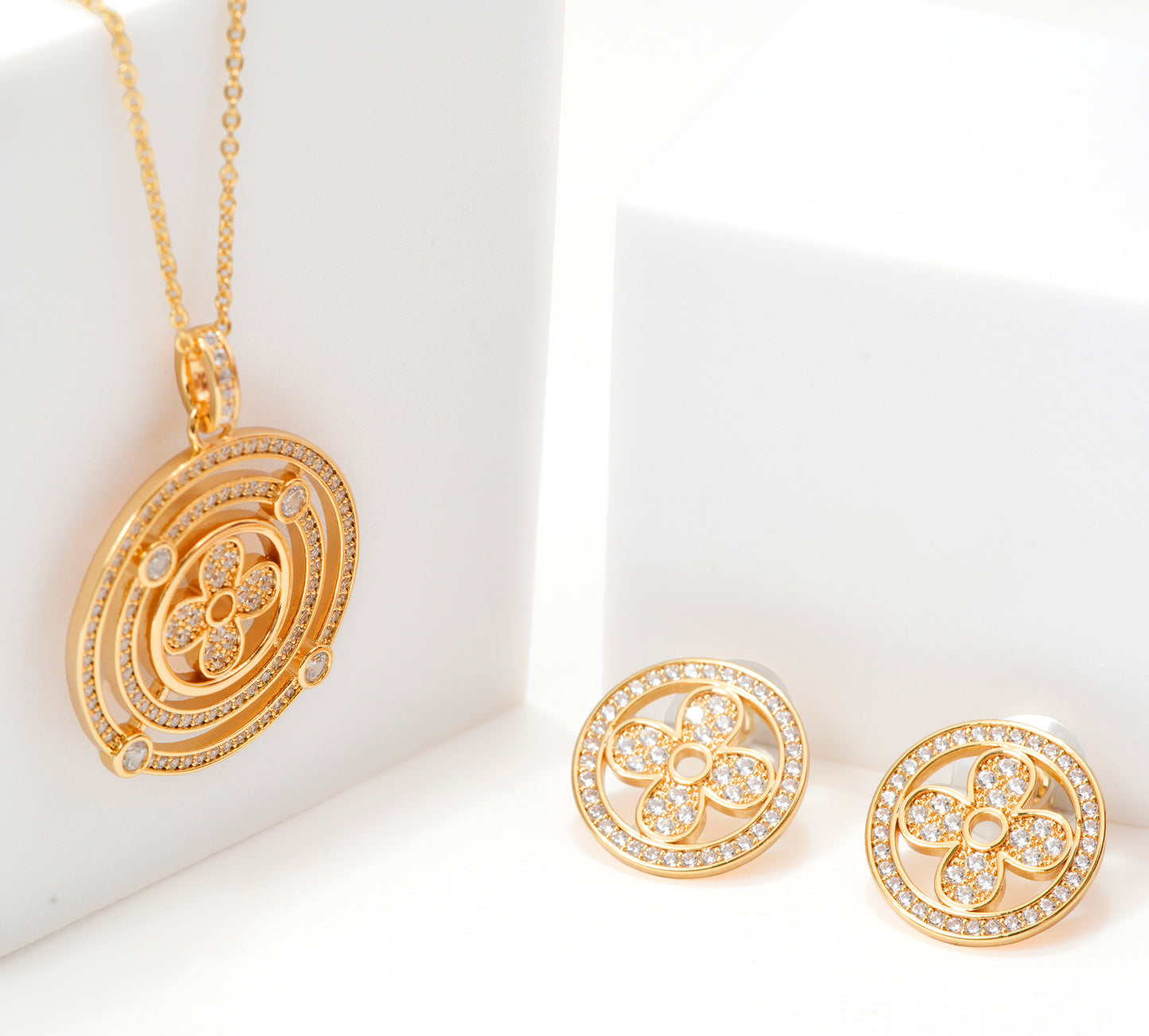 Circular Pendant Necklace and Earrings Set | Designer Stone Studded Floral Motif Jewelry for Women