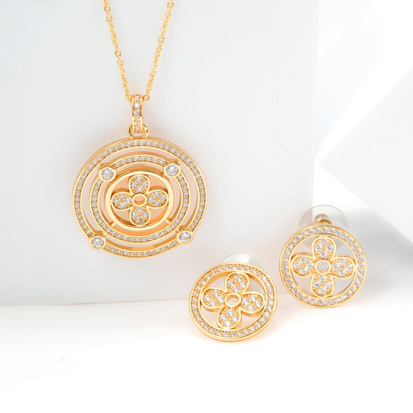 Circular Pendant Necklace and Earrings Set | Designer Stone Studded Floral Motif Jewelry for Women