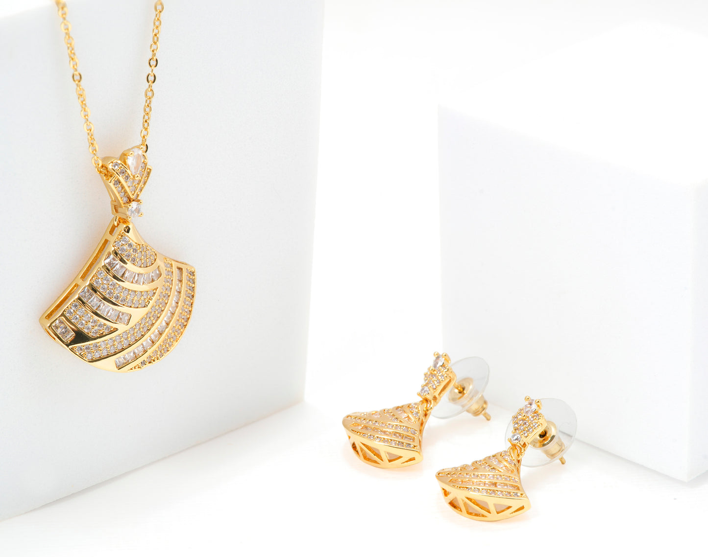 Gold Plated Fan Shaped Pendant Necklace and Earrings Set | Sparkling Stone Studded Party Wear Jewelry for Women