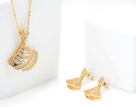 Gold Plated Fan Shaped Pendant Necklace and Earrings Set | Sparkling Stone Studded Party Wear Jewelry for Women