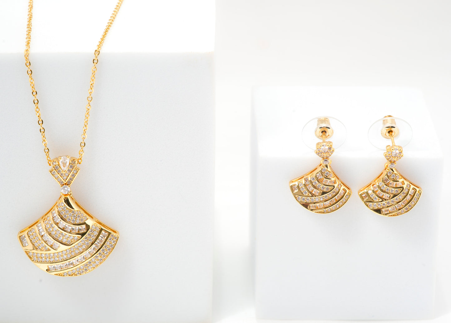 Gold Plated Fan Shaped Pendant Necklace and Earrings Set | Sparkling Stone Studded Party Wear Jewelry for Women