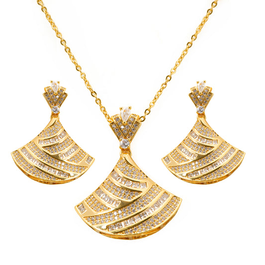 Gold Plated Fan Shaped Pendant Necklace and Earrings Set | Sparkling Stone Studded Party Wear Jewelry for Women