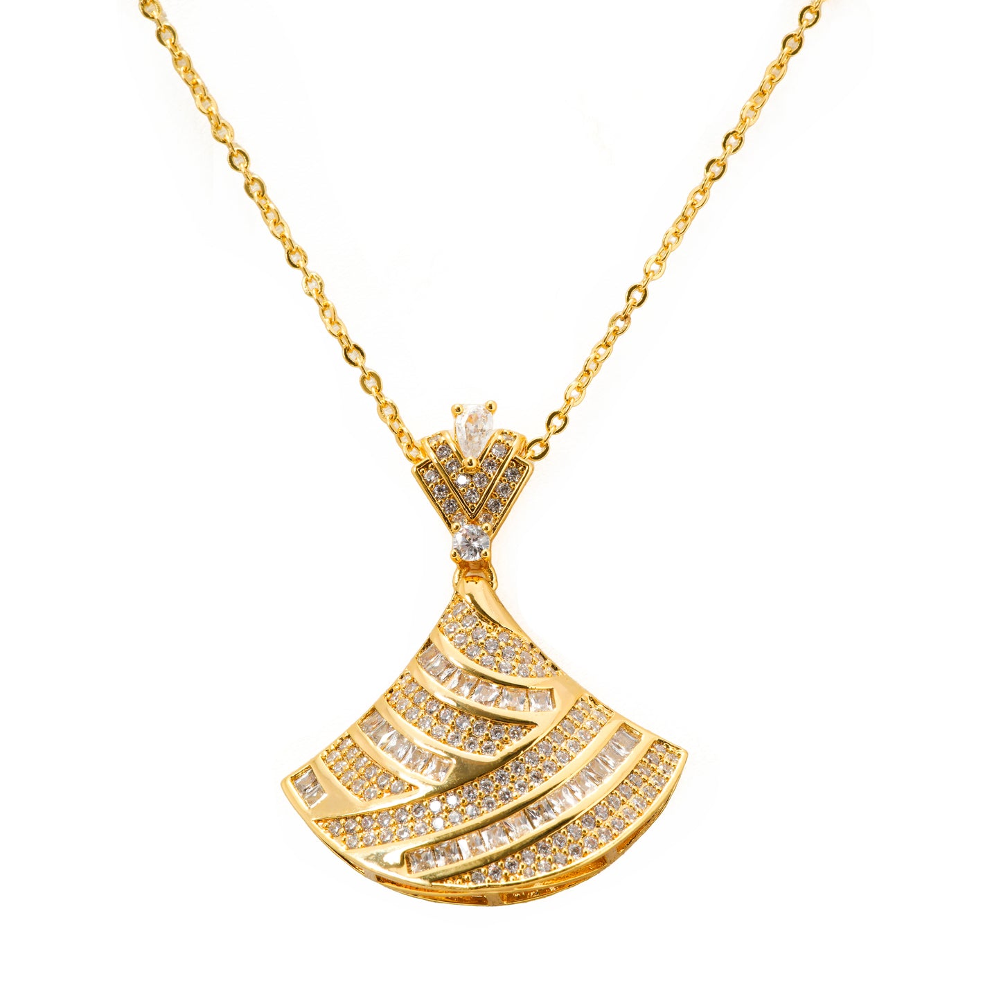 Gold Plated Fan Shaped Pendant Necklace and Earrings Set | Sparkling Stone Studded Party Wear Jewelry for Women