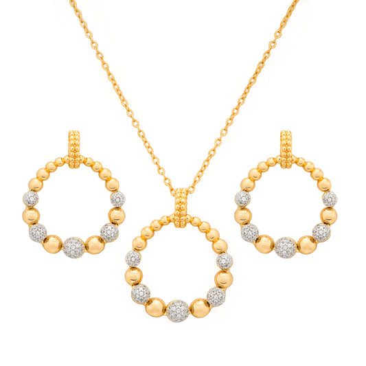 Gold Plated Beaded Circle Pendant Necklace and Earrings Set | Round Crystal Ball Jewelry Set for Women | Elegant Festive and Party Wear