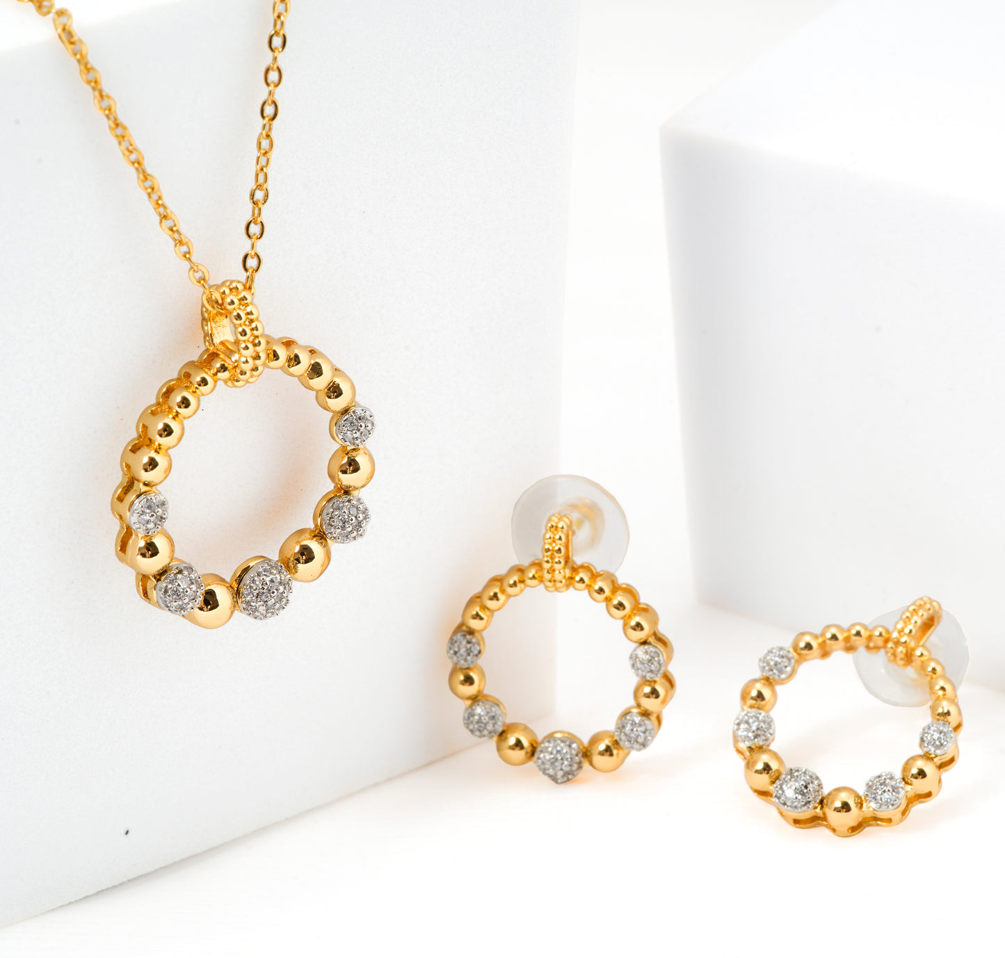 Gold Plated Beaded Circle Pendant Necklace and Earrings Set | Round Crystal Ball Jewelry Set for Women | Elegant Festive and Party Wear