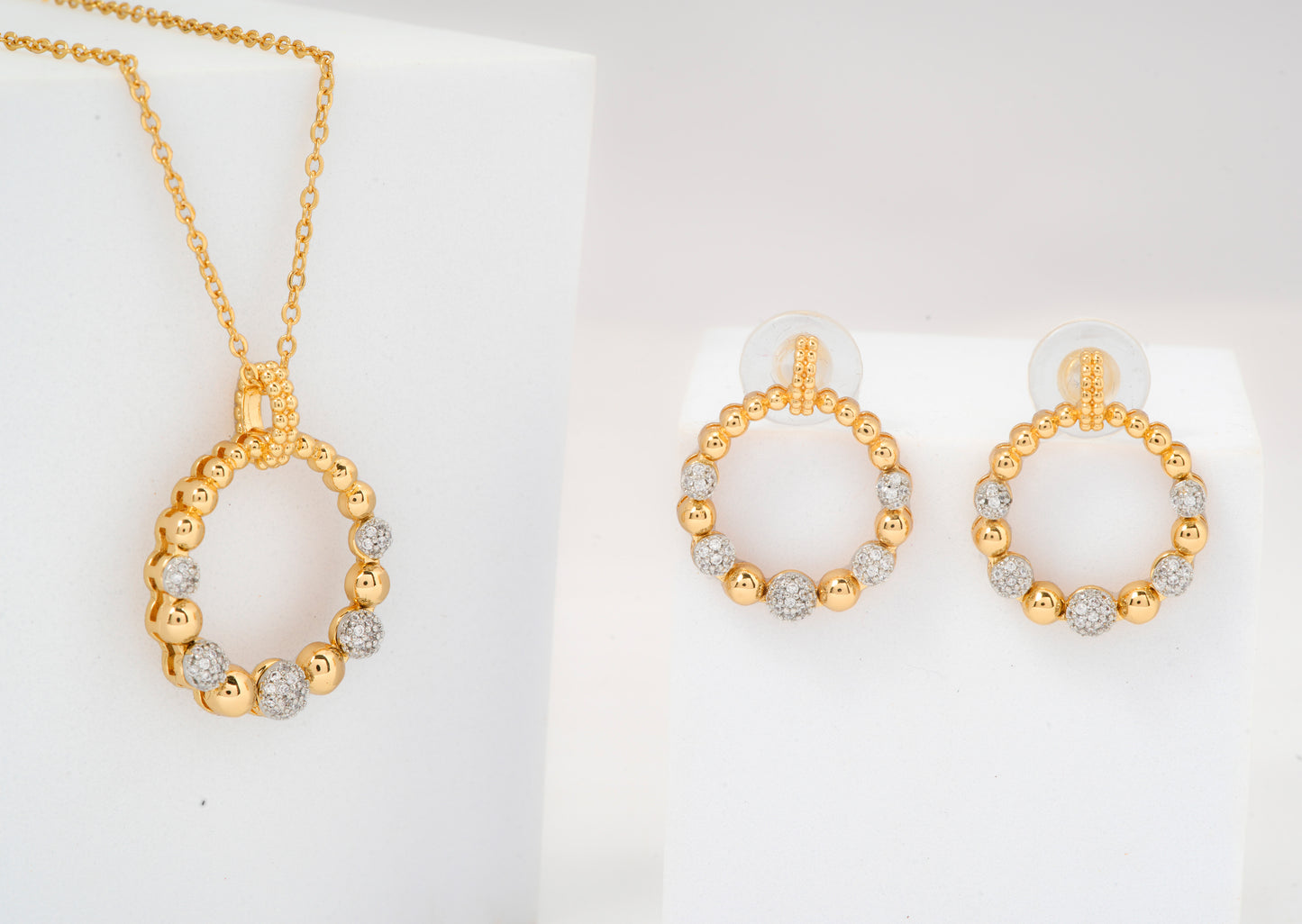 Gold Plated Beaded Circle Pendant Necklace and Earrings Set | Round Crystal Ball Jewelry Set for Women | Elegant Festive and Party Wear