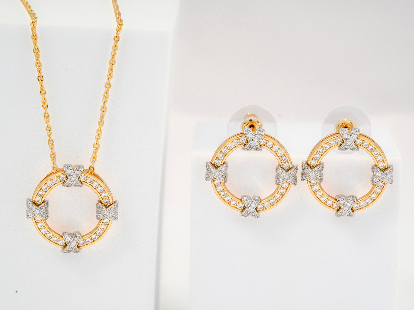 Gold Plated Circle Pendant Necklace and Earrings Set | Crystal Studded Round Jewelry Set for Women | Elegant Party and Festive Wear