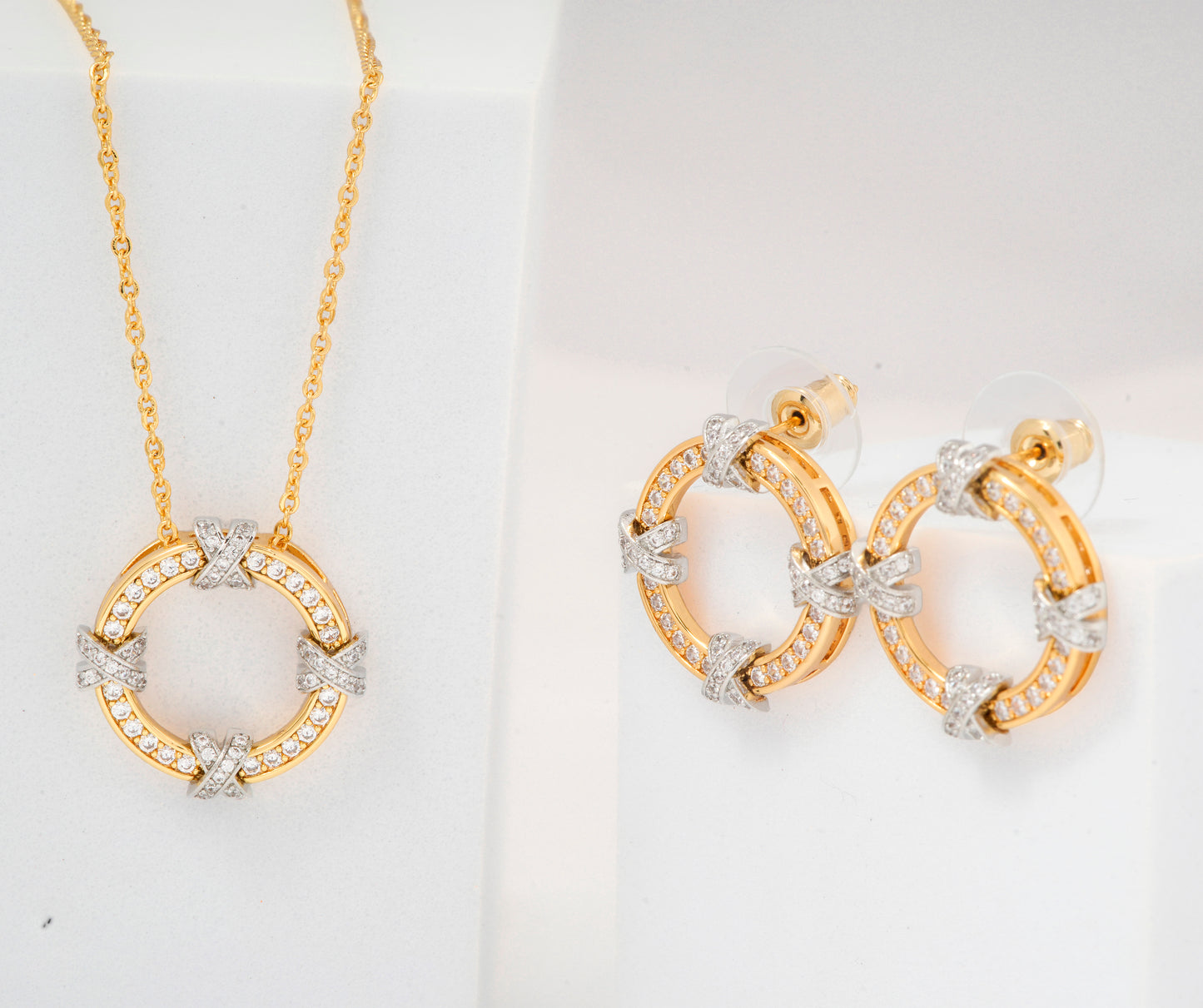 Gold Plated Circle Pendant Necklace and Earrings Set | Crystal Studded Round Jewelry Set for Women | Elegant Party and Festive Wear