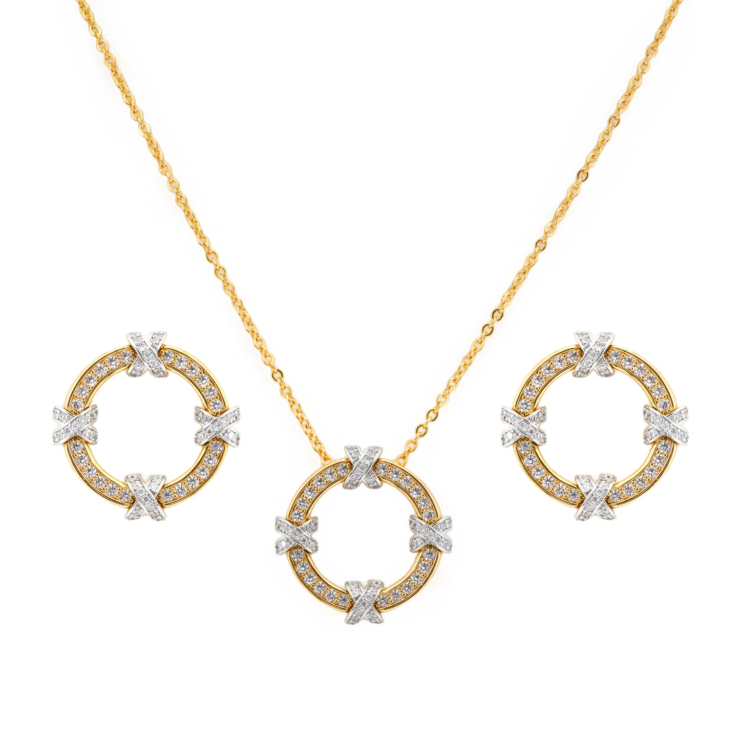 Gold Plated Circle Pendant Necklace and Earrings Set | Crystal Studded Round Jewelry Set for Women | Elegant Party and Festive Wear