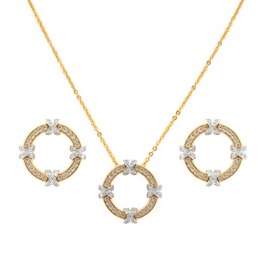 Gold Plated Circle Pendant Necklace and Earrings Set | Crystal Studded Round Jewelry Set for Women | Elegant Party and Festive Wear
