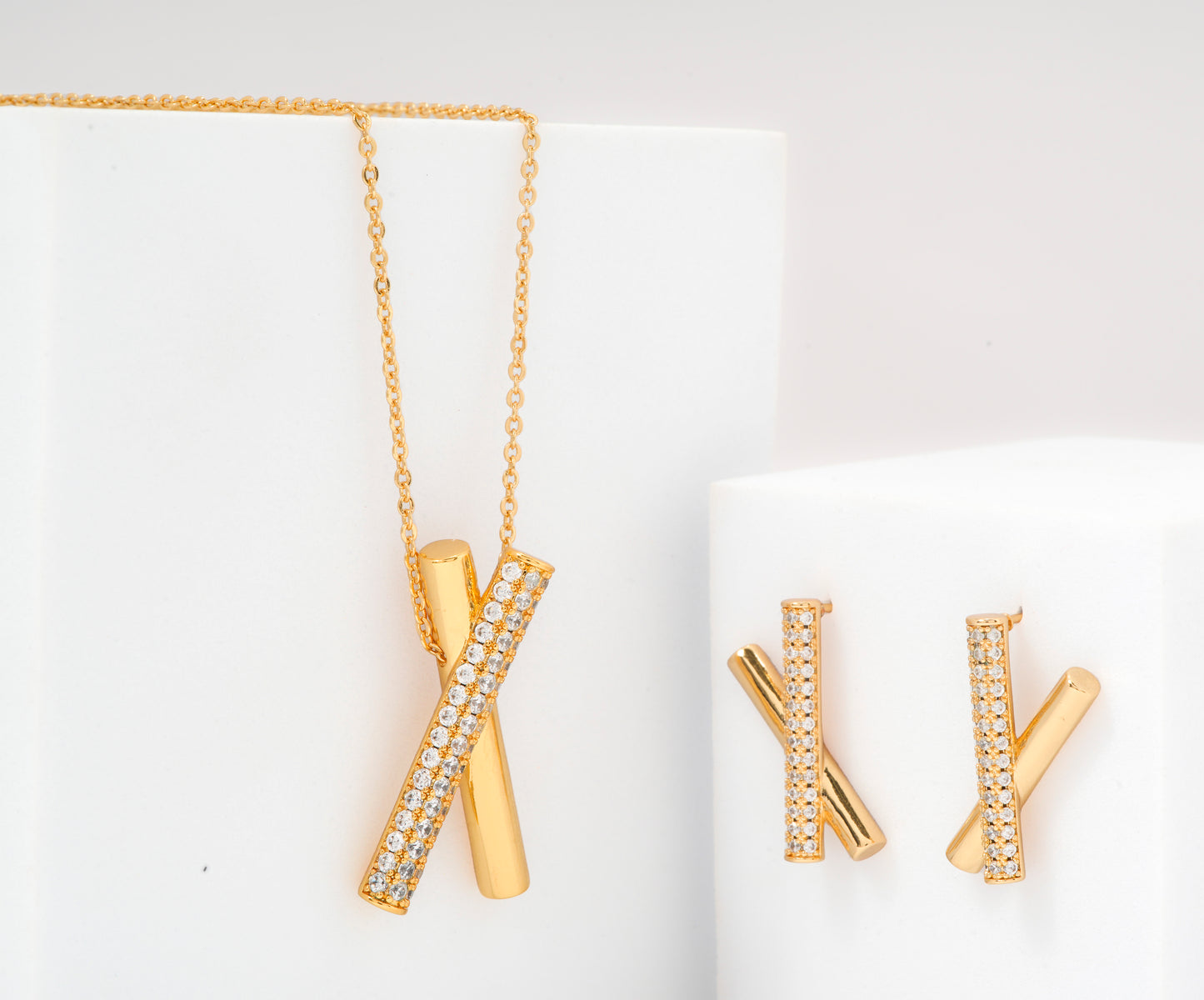 Cross-Bar Pendant Necklace and Earrings Set | Minimalist Stone-Studded Jewelry for Women