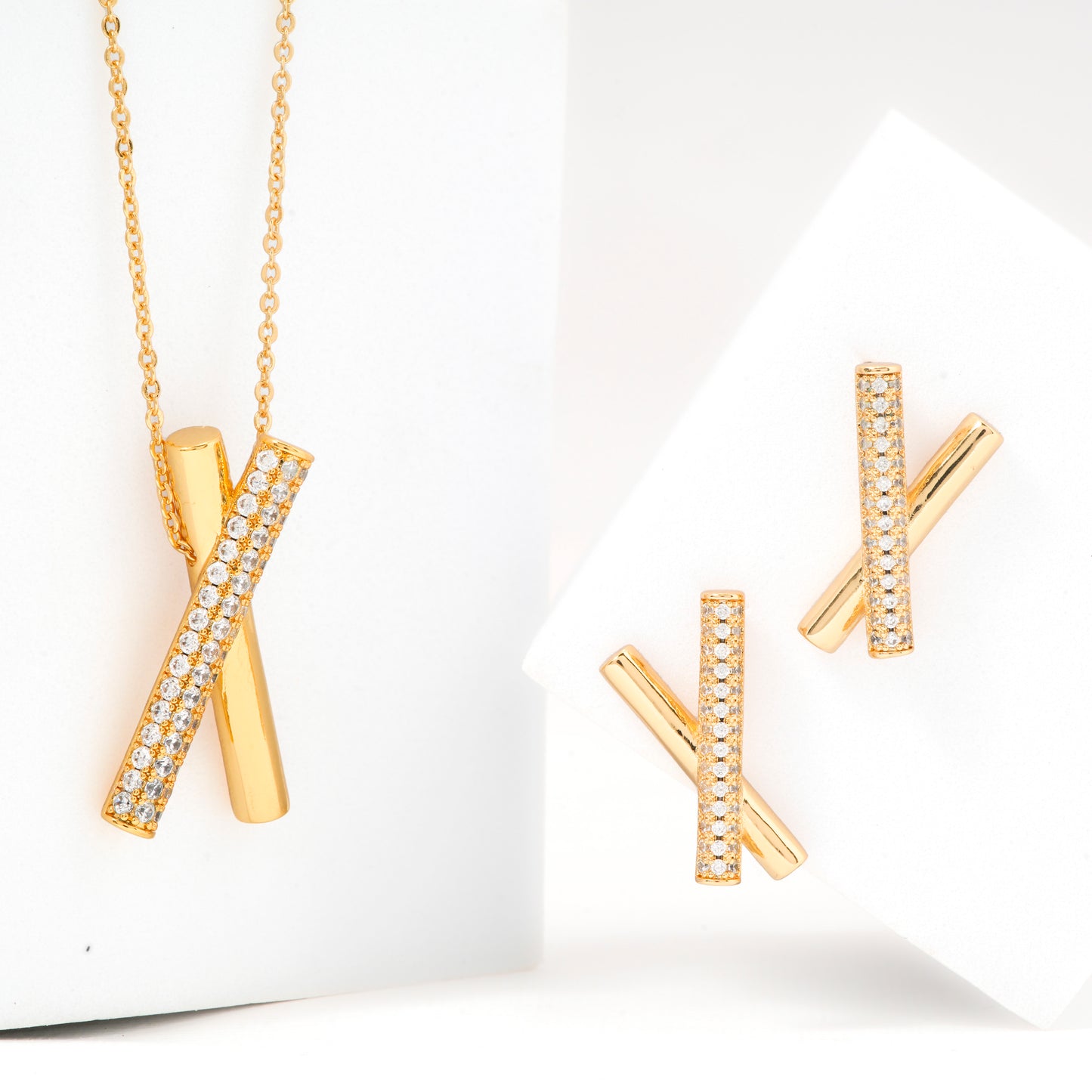 Cross-Bar Pendant Necklace and Earrings Set | Minimalist Stone-Studded Jewelry for Women
