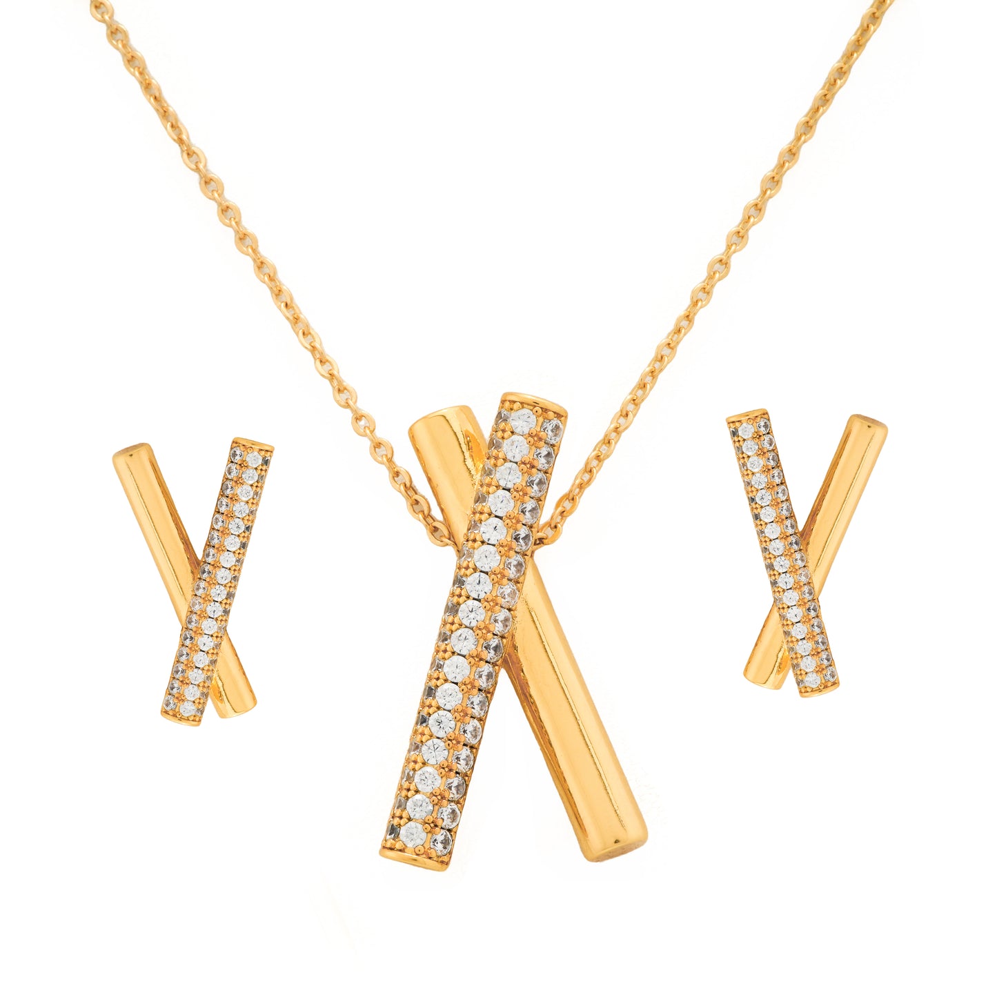 Cross-Bar Pendant Necklace and Earrings Set | Minimalist Stone-Studded Jewelry for Women