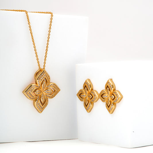 Floral Gold Plated Necklace Set with Matching Earrings | Designer Wedding & Party Wear Jewelry for Women | Elegant Gift Set
