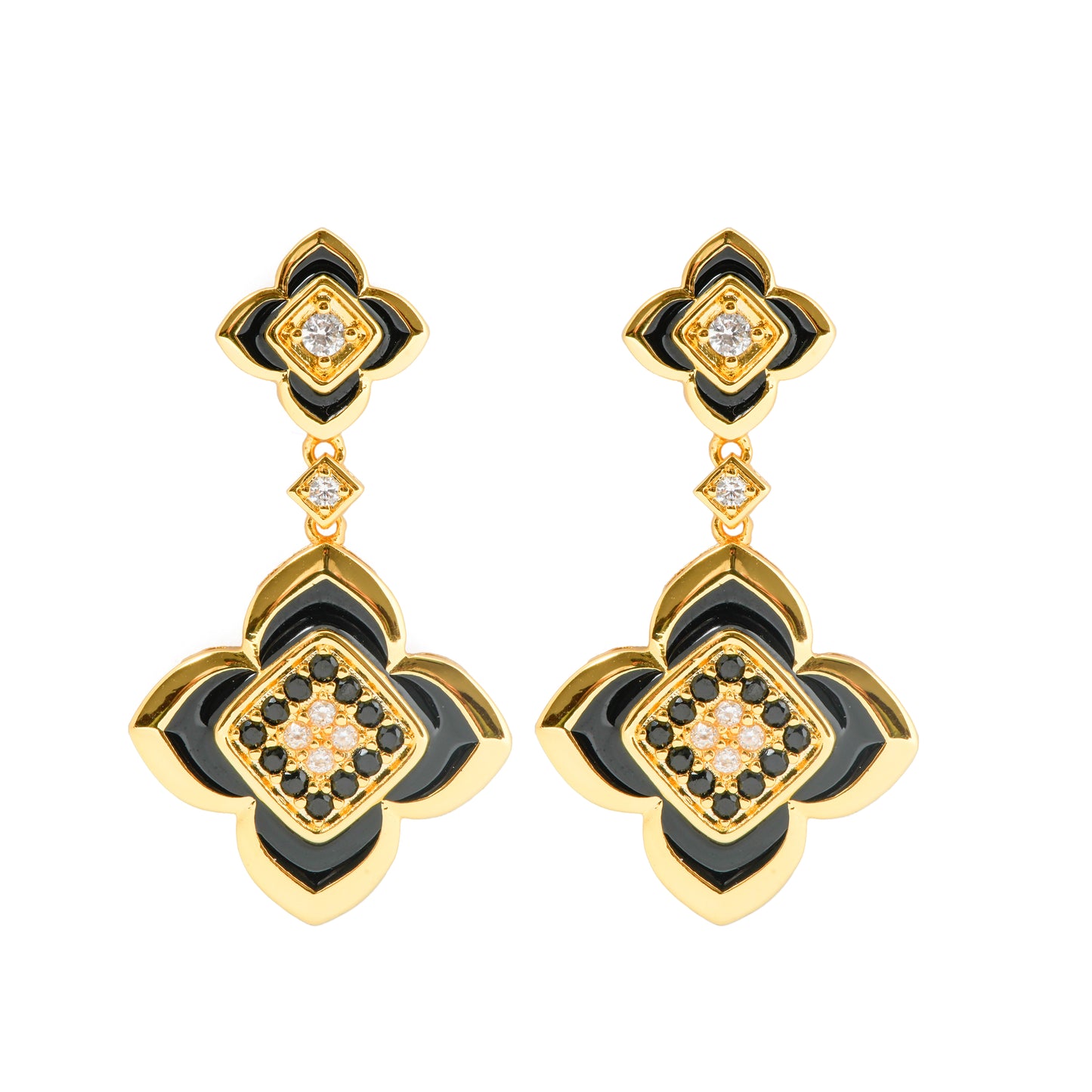 Luxurious Gold-Plated Floral Drop Earrings with Black Enamel Accents and Sparkling Stone Embellishments for Classic Statement Looks