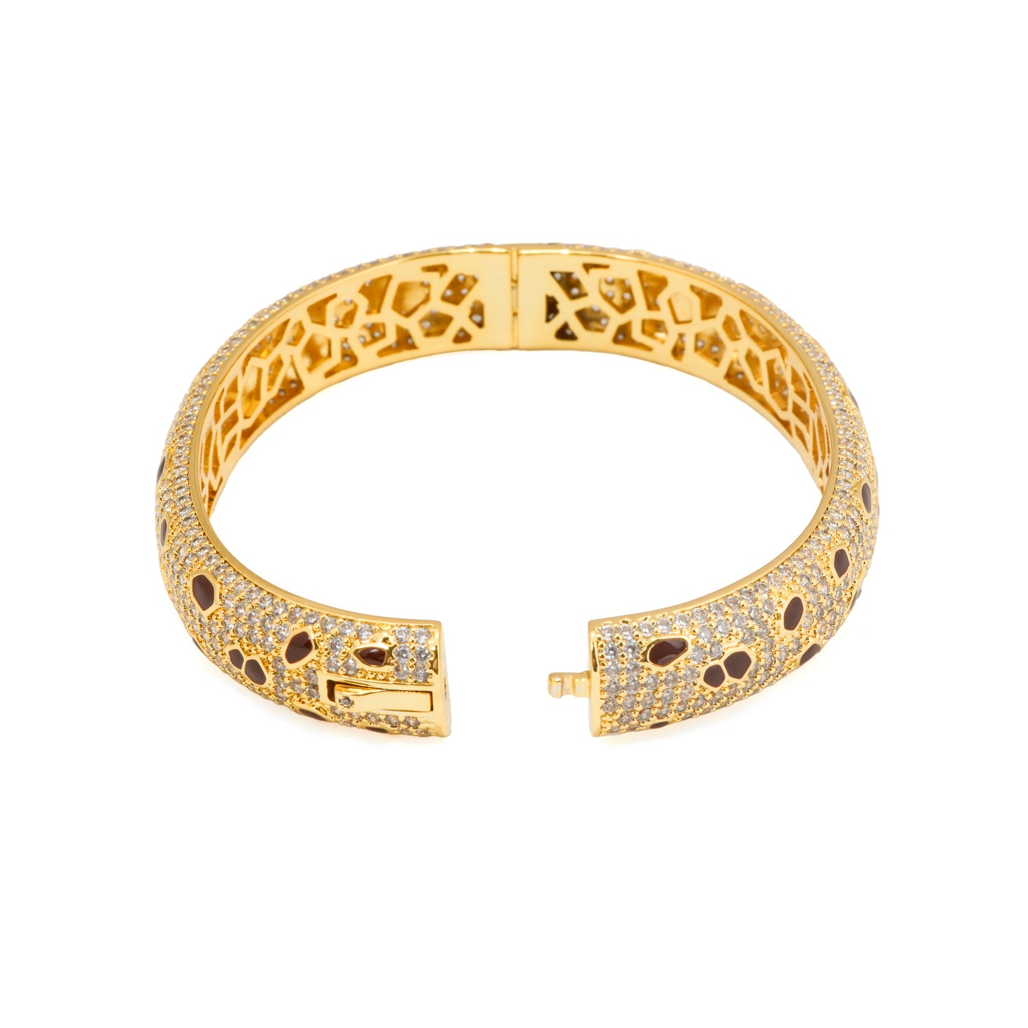Golden Leopard Luxe Openable Cuff Bracelet with Intricate Animal-Print Inspired Design, Shimmering CZ Embellishments, and Bold Statement Finish for High-Fashion Evenings, Parties, and Luxe Styling