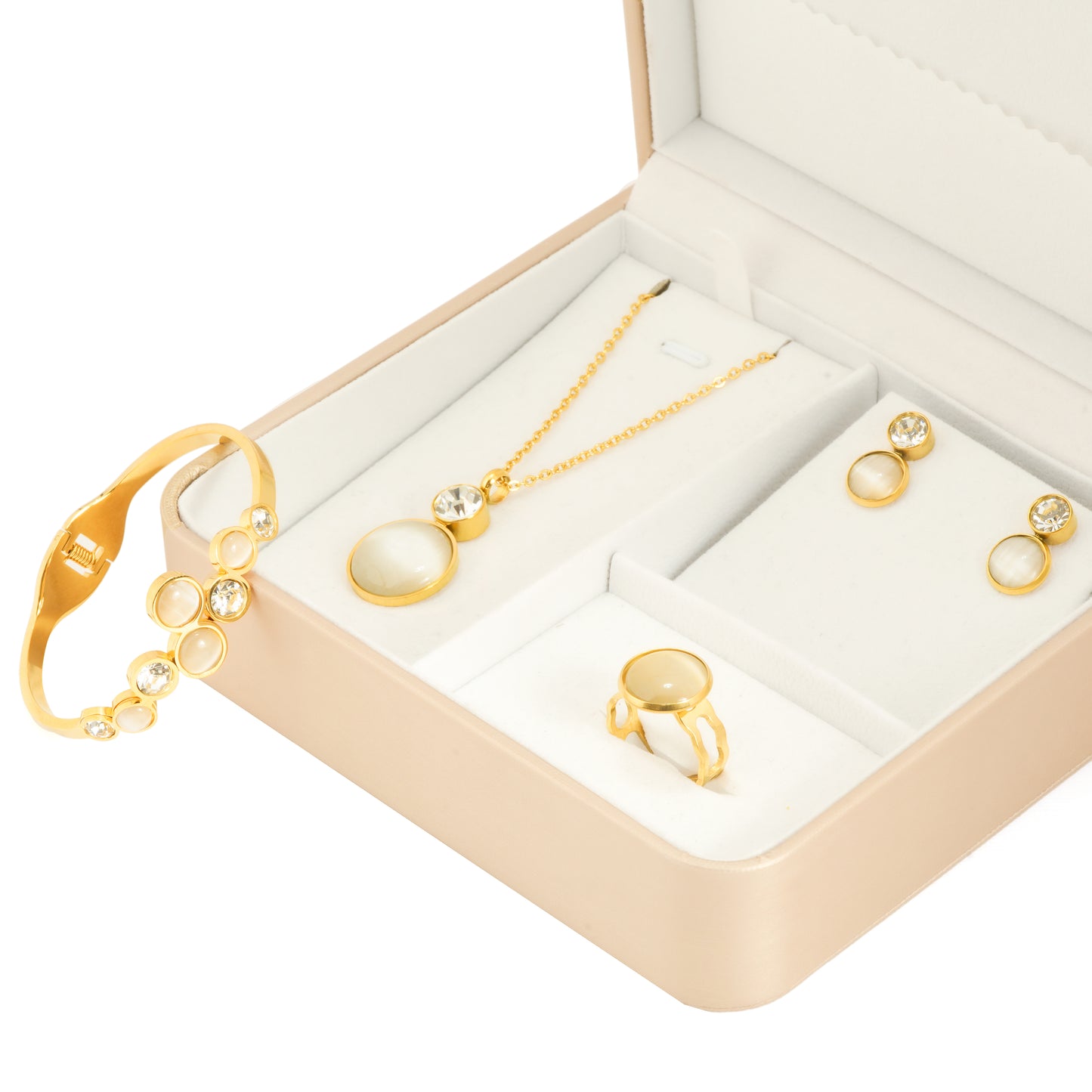 Gold Plated White Stone Jewelry Gift Set for Women | Complete Combo with Necklace, Earrings, Ring and Bracelet – Perfect for Gifts and Celebration Wear