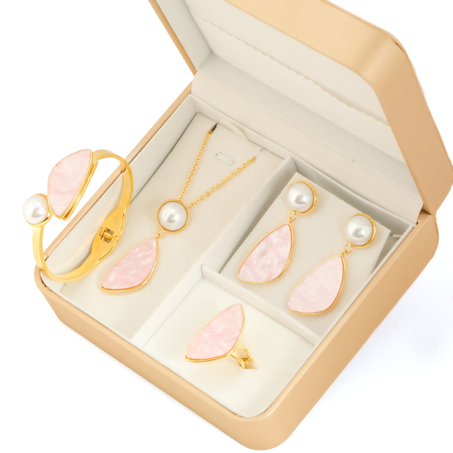Pink Stone & Pearl Jewelry Set | Jewelry Gift Box for Girls with Necklace, Earrings, Bracelet and Ring