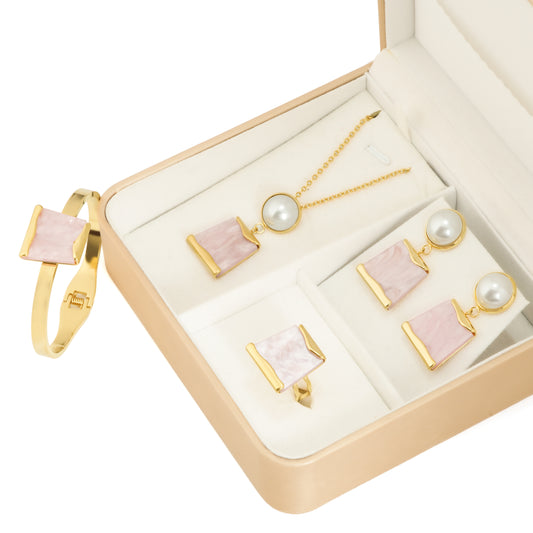 Gold Plated Pink Stone and Pearl Jewelry Set for Women | Luxury Gift Box for Girls – Complete Hamper with Necklace, Earrings, Bracelet and Ring