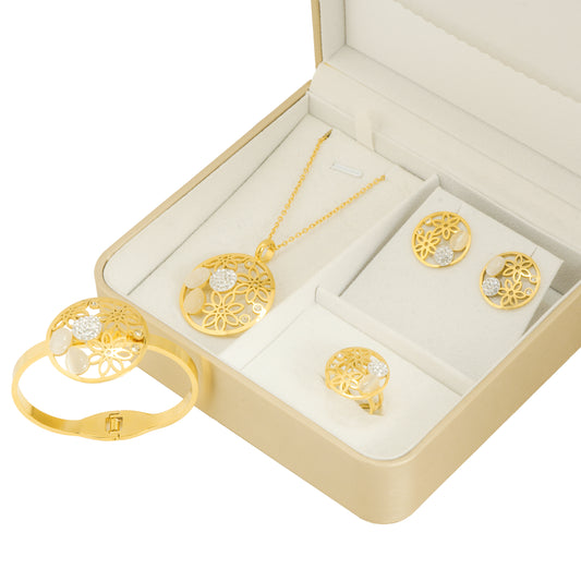 Gold Plated Floral Cut Jewelry Set with Necklace, Earrings, Bracelet & Ring | Gift Box and Jewelry Hamper for Girls – Ideal Gift for Wife, Sister or Daughter