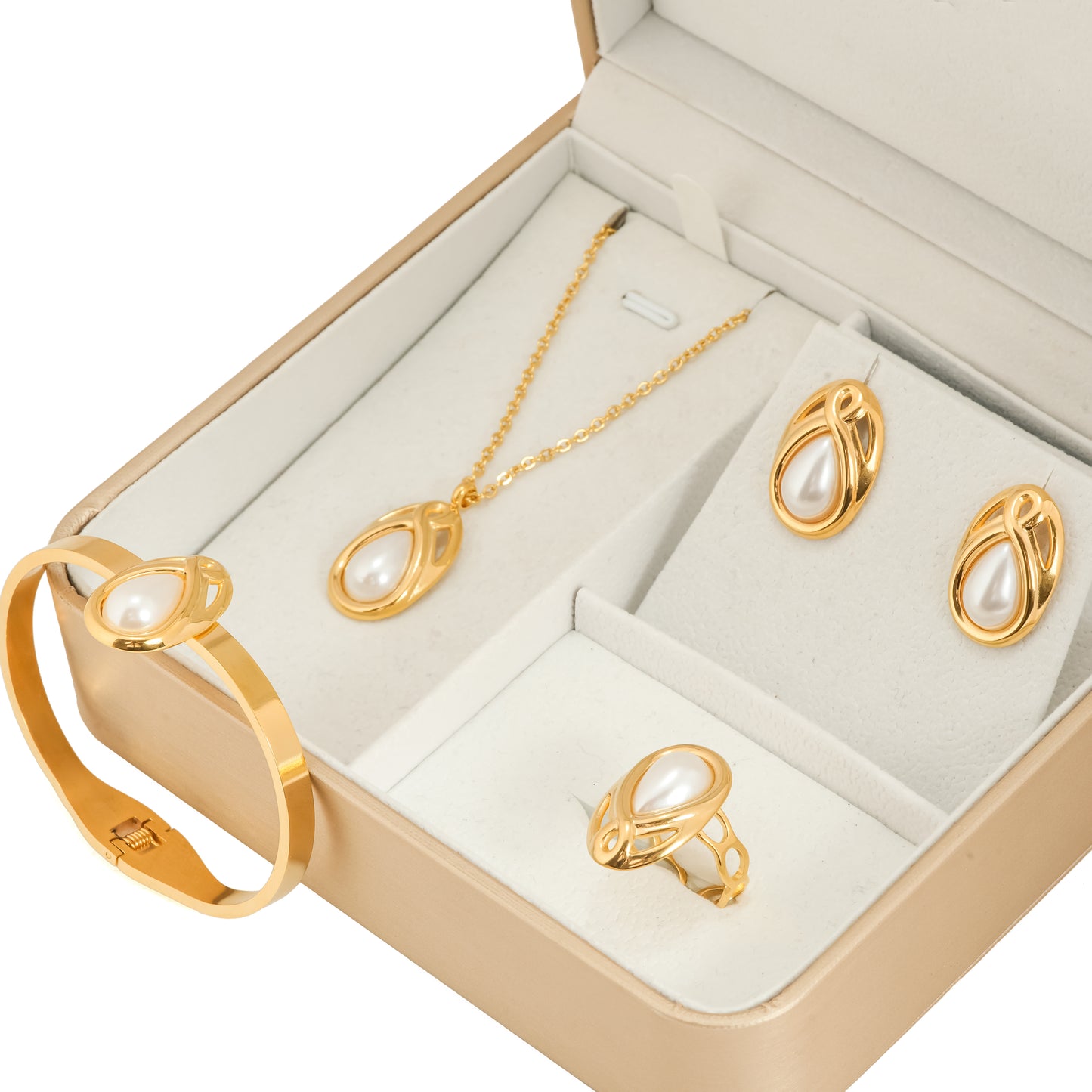 Gold Plated Pearl Drop Jewelry Set for Women | Stylish Gift Box for Girls – Complete Jewelry Hamper with Necklace, Earrings, Bracelet and Ring