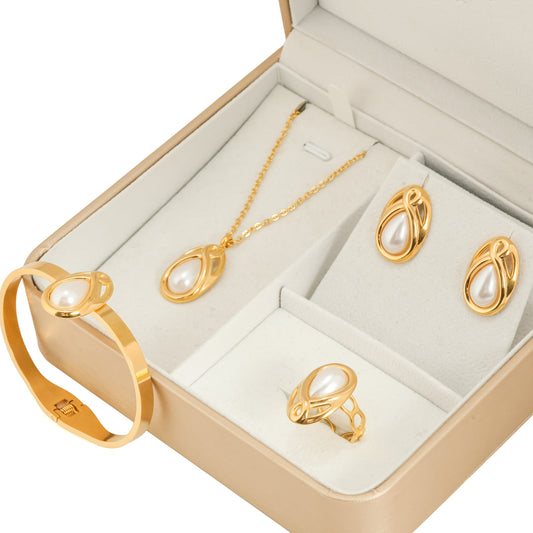 Gold Plated Pearl Drop Jewelry Set for Women | Stylish Gift Box for Girls – Complete Jewelry Hamper with Necklace, Earrings, Bracelet and Ring