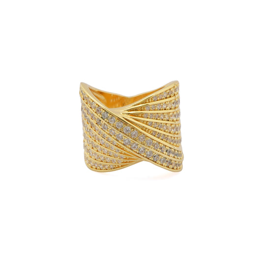 Criss Cross Gold Finish Ring for Women with Full Crystal Studded Design | Elegant Statement Fashion Jewelry for Party, Wedding and Daily Wear