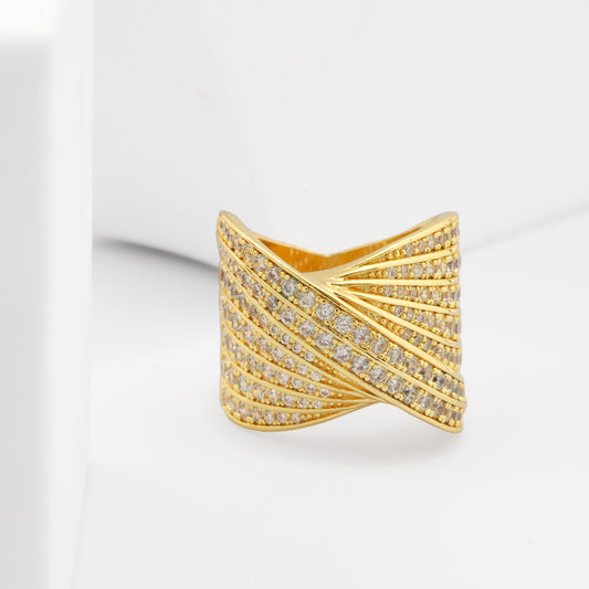 Criss Cross Gold Finish Ring for Women with Full Crystal Studded Design | Elegant Statement Fashion Jewelry for Party, Wedding and Daily Wear