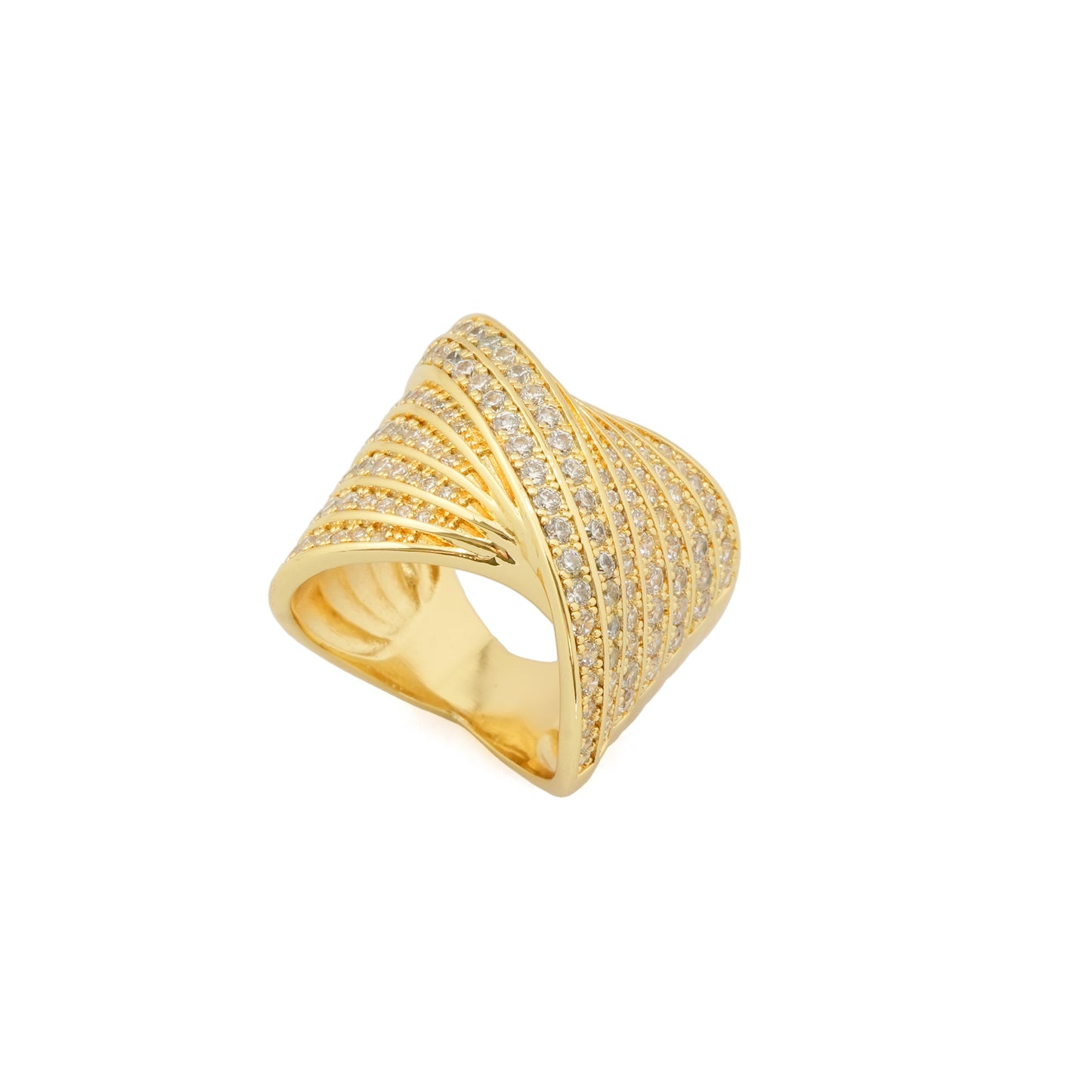 Criss Cross Gold Finish Ring for Women with Full Crystal Studded Design | Elegant Statement Fashion Jewelry for Party, Wedding and Daily Wear