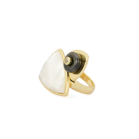 Abstract Dual Stone Ring for Women in Gold Finish with White and Black Stone Design | Stylish Statement Fashion Jewelry for Party, Wedding, Daily Wear