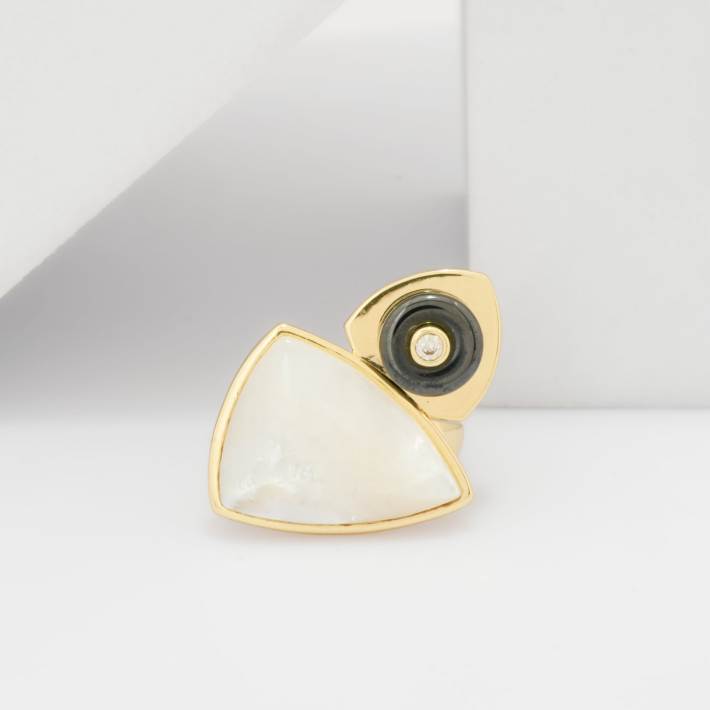 Abstract Dual Stone Ring for Women in Gold Finish with White and Black Stone Design | Stylish Statement Fashion Jewelry for Party, Wedding, Daily Wear