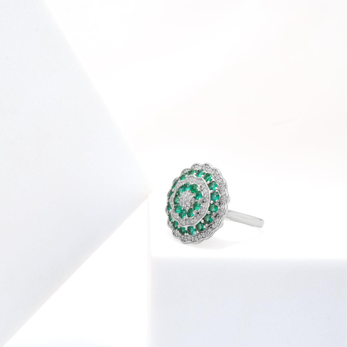 Circular Design Silver Finish Ring for Women with Green and White Crystal Layers | Elegant Statement Fashion Jewelry for Party, Wedding, Daily Wear